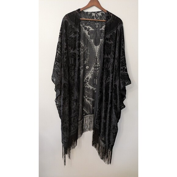 TORRID Kimono Velvet Burnout One Size Black Sheer Floral Fringe Whimsigoth Boho - Picture 1 of 9